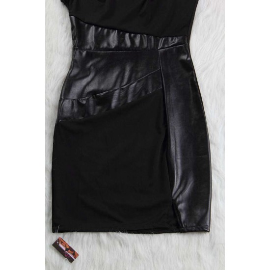 Leather Panel Textured Shift Black Dress