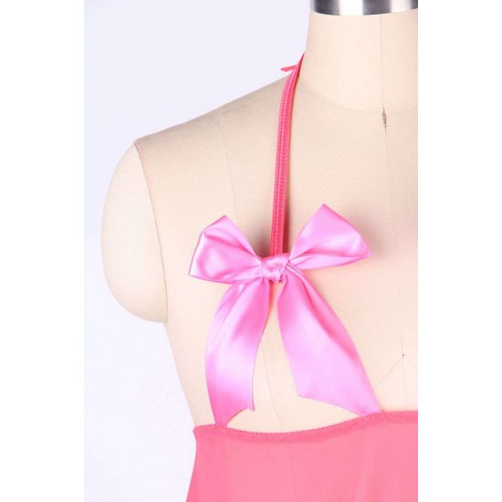 Dark Pink Plus Size Halter Babydoll With Cute Bowknot