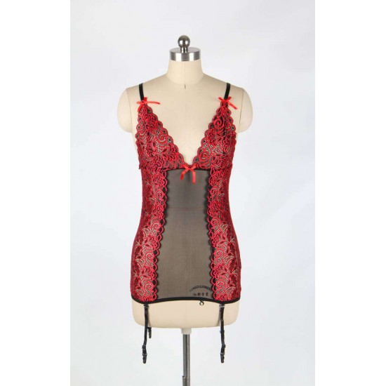 Red Rose Lace and Mesh Garter Chemise