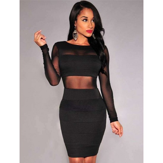 Black Mesh Sexy Bodycon Long Sleeves Dress