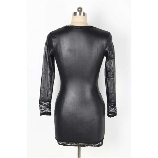 Lace Black Leather Sleeved Mini Dress