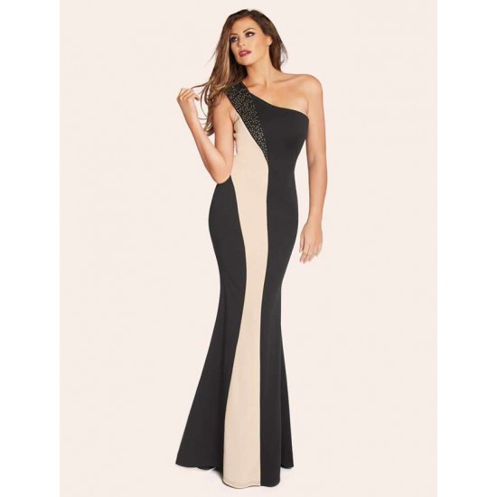 Black And Nude One Shoulder Maxi Dress