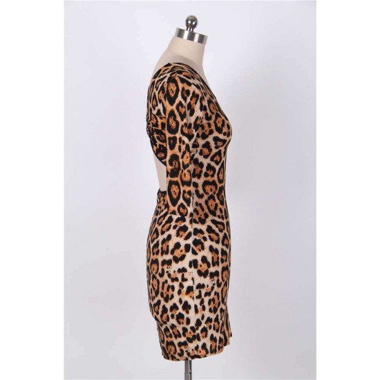 Sexy Backless Half Sleeve Leopard Bodycon Dress