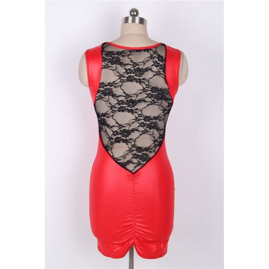 Faux Leather Round Neck Lace Skinny Red Dresses