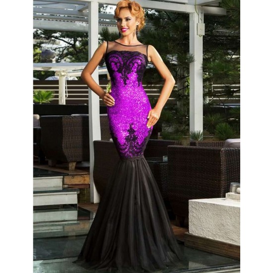 Sequins Appliqués Evening Dress with Mermaid Hem