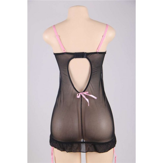 Sexy Ruffled Detail Round Open Back  Black Babydoll