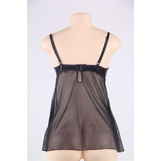 Black Plus Size Transparent Babydoll With Leather Bra  