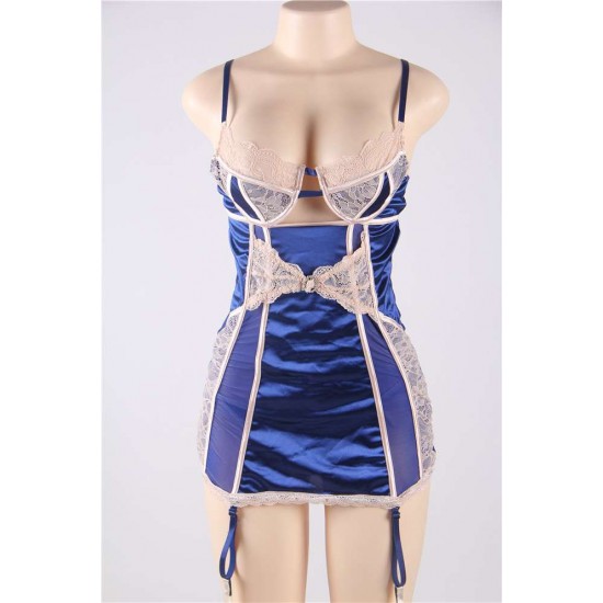 Sexy Navy And Beige Lace Satin Open Back Chemise