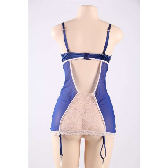 Sexy Navy And Beige Lace Satin Open Back Chemise