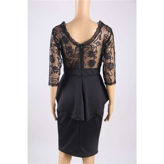 Plus Size Three Quarters Sleeve Embroidery Black Peplum Dress