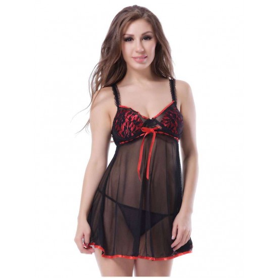 Mesh Black Transparent Babydoll With Red Ribbon