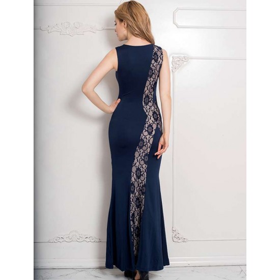 Lace Panel Ruffle Dark Blue Maxi Dress