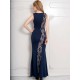 Lace Panel Ruffle Dark Blue Maxi Dress