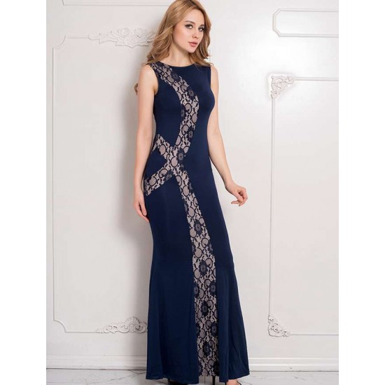 Lace Panel Ruffle Dark Blue Maxi Dress