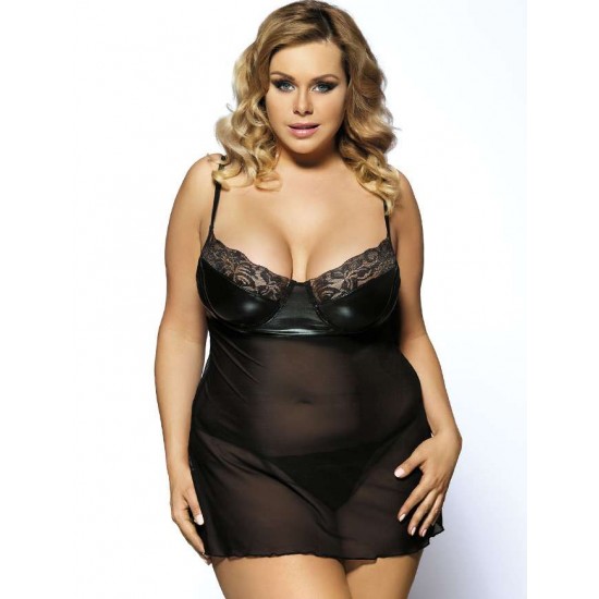 Black Plus Size Transparent Babydoll With Leather Bra  