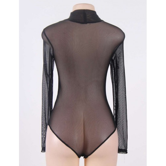 Black Sheer Mesh Long Sleeve Bodysuit