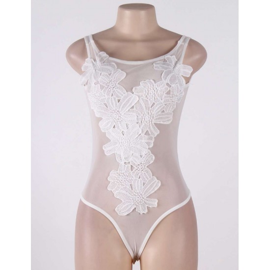 White Floral Embroidered Sheer Mesh Teddy