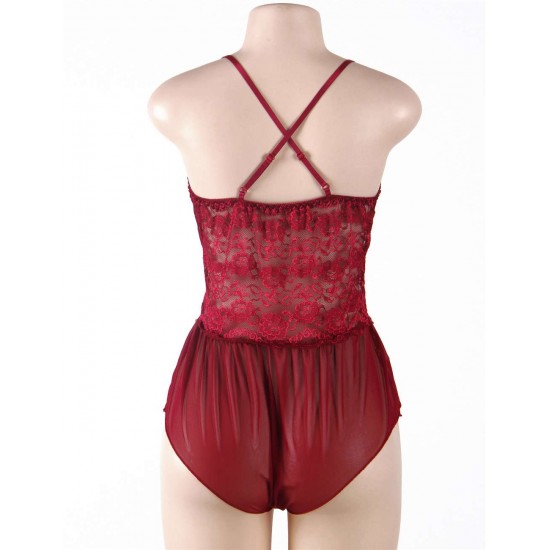 Wine Red Halter Lace Plus Size Teddy Lingerie