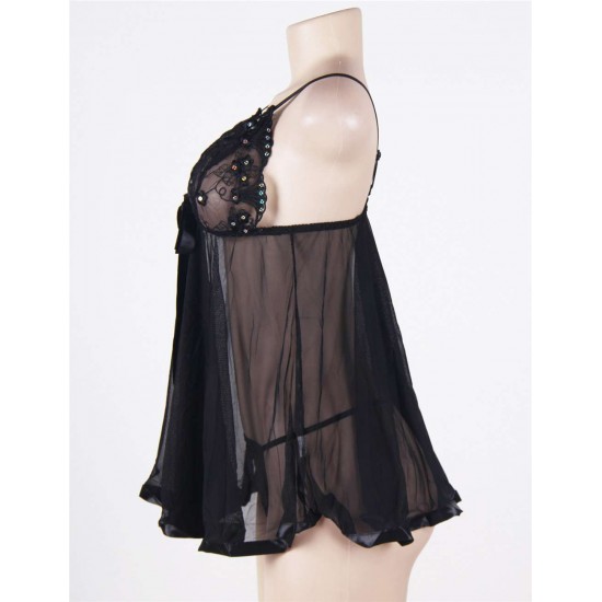 Black Plus Size Floral Bra Transparent Babydoll