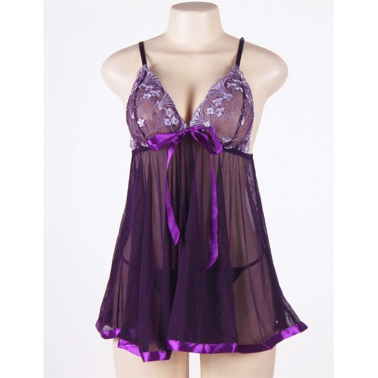 Transparent Purple Plus Size Floral Bra Babydoll 