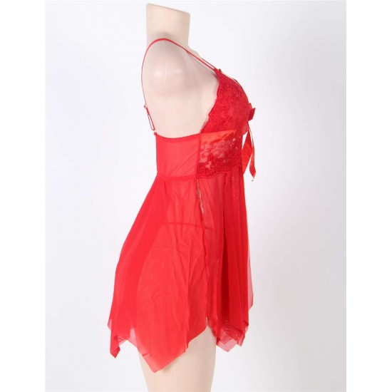 Red Sexy Draping Mesh and Lace Babydoll Set