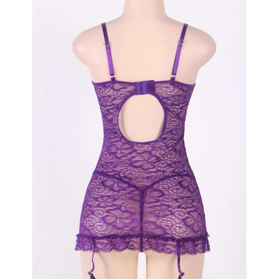 Purple Obsessive Garter Slip Mesh Babydoll