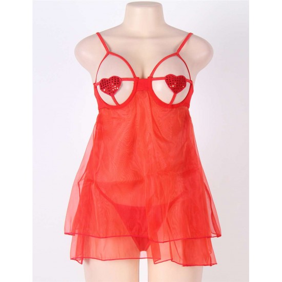 Red Open Cup Plus Size Babydoll With Adjustable Strap