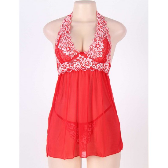 Red Halter Floral Plus Size Babydoll With G-String