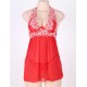 Red Halter Floral Plus Size Babydoll With G-String