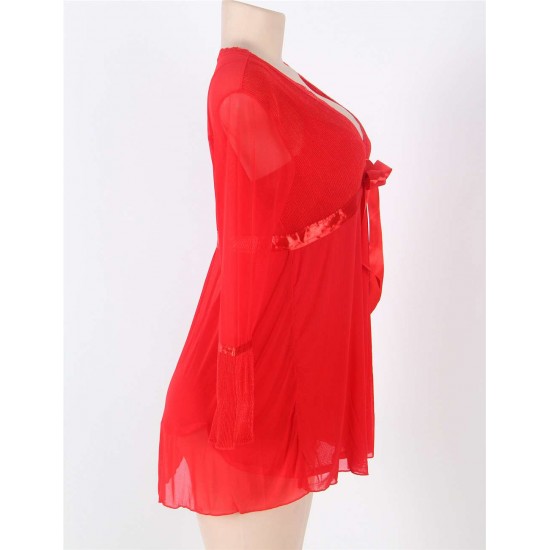 Long Sleeve Red Lace Trim Robe With Thong