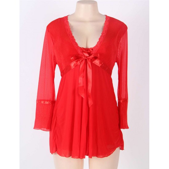 Long Sleeve Red Lace Trim Robe With Thong