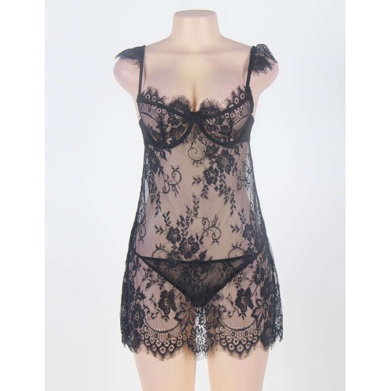 Black Sheer Floral Lace Babydoll Set