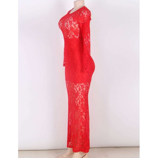 Beaming Red Lace Long Sleeve Croch Dress