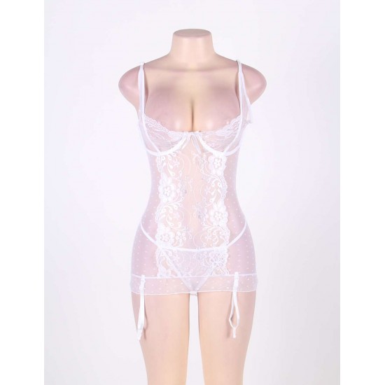 Stretch Lace and Dot Mesh White Garter Slip Set