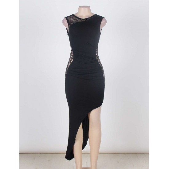 Black Side Ruched Asymmetric Maxi Dress