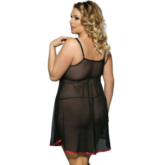 Black Plus Size Transparent Babydoll With Red Ribbon