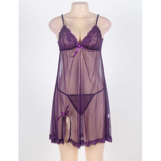 Purple Plus Size 3pc Transparent Lace Robe Lingerie