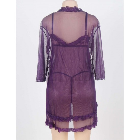 Purple Plus Size 3pc Transparent Lace Robe Lingerie