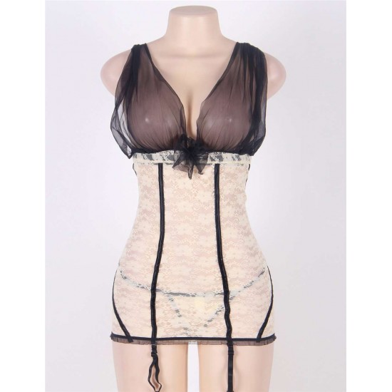 Black And Nude Plus Size Lace Open Back &Cup Babydoll