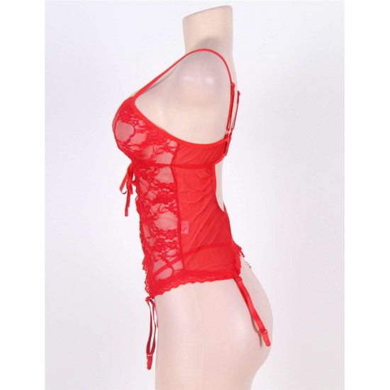 Red Lace Round Open Back Teddy Lingerie