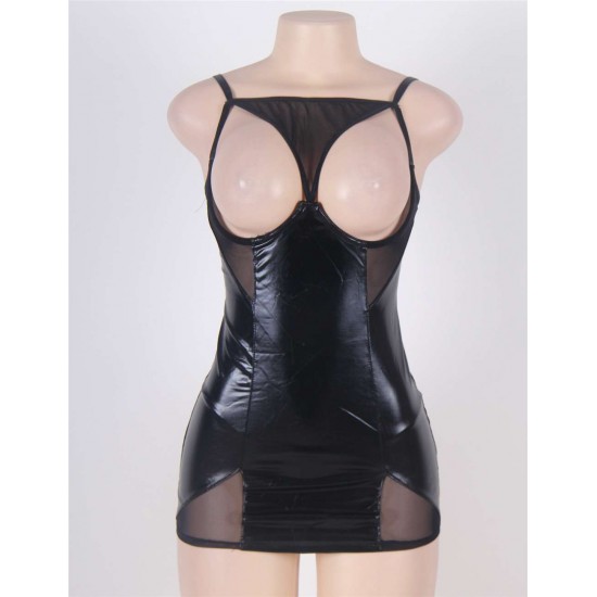 Black Open Cup Leather Plus Size Babydoll