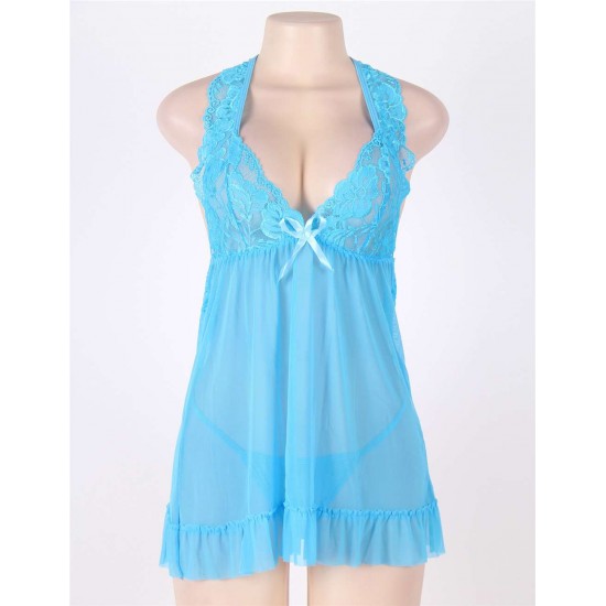 Blue Halter Plus Size Babydoll With G-String