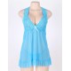 Blue Halter Plus Size Babydoll With G-String