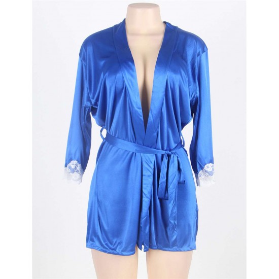 Blue Plus Size Silky Babydoll With Waist Belt