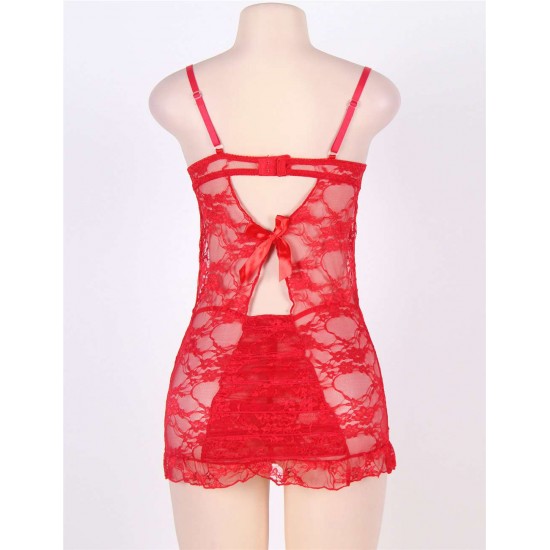 Red Plus Size Floral Lace And Mesh Lingerie