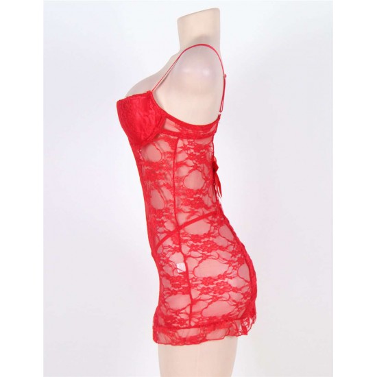 Red Plus Size Floral Lace And Mesh Lingerie