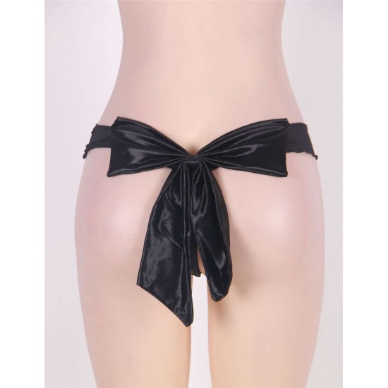 Black Mesh Big Bow Ruffled Thong