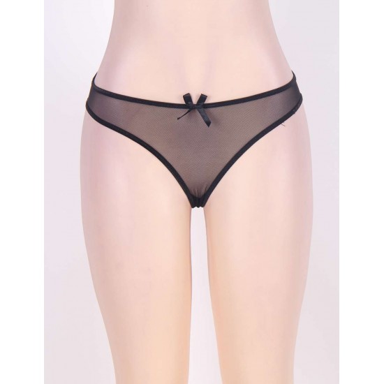 Mesh And Leather Strappy Crotchless Black Panty