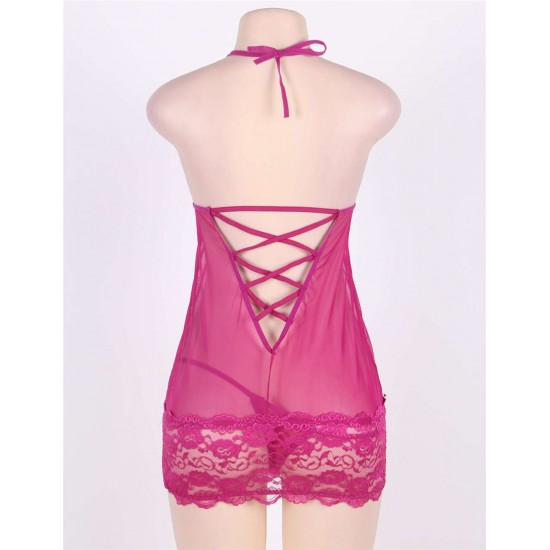 Rosy Red Lace Mesh Babydoll