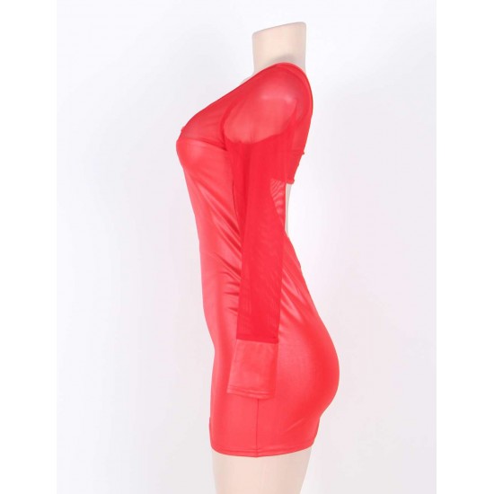 One Sleeve Red Mesh Leather Bodycon Dresses